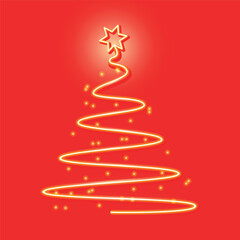 Stylish neon light spiral forming a modern Christmas tree and star on a vibrant red background. Minimalist holiday graphic design for greeting cards, banners, and digital projects
