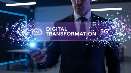 Businessman interacts with digital transformation 5g cloud network innovation