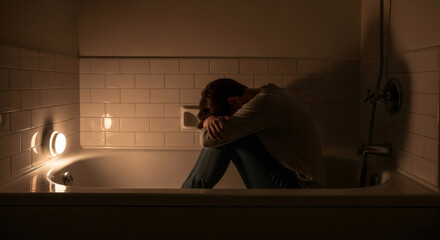 Woman sitting alone in a bathtub in the dark, embracing her knees, a concept of loneliness and despair for mental health awareness.