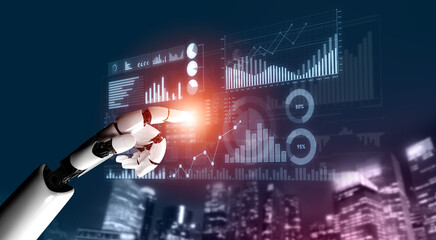 A robot hand interacts with a glowing digital interface featuring data charts and graphs, set against a modern city backdrop, symbolizing innovation and technology growth. Scalp