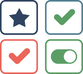 Minimalist UI icon set featuring star, check marks, and toggle switch symbols for apps, websites, user interfaces, settings, and digital design projects