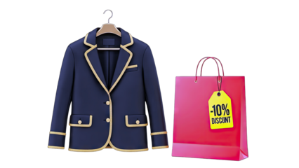 Navy Blazer and Shopping Bag with Discount Tag, isolated on white