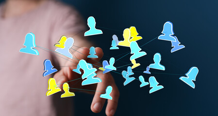 Hand pointing to network of connected people. Concept of communication, global networking, and...
