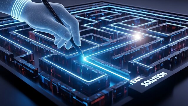 Digital hand drawing luminous path through intricate maze to find exit solution.