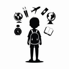 Child with backpack surrounded by school supplies and travel icons silhouette