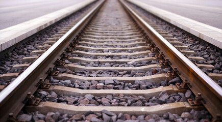 Fototapeta premium Railway train tracks stretching into distance with metal sleepers and gravel bed