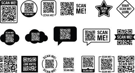 QR code labels, scan me signs, mobile scanning prompts, digital access icons, modern promotional stickers, contactless technology symbols for marketing and communication