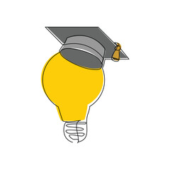 Continuous single one line sketch drawing of bulb lamp idea graduation student college hat cap education vector illustration editable stroke