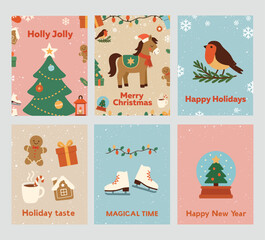 Cute Christmas cards. Vector illustrations. Merry Christmas. New Year's symbol. Gift cards. Bullfinch on a branch. New Year's horse. Print for card design.