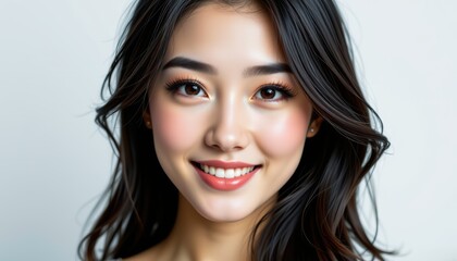 Obraz premium Japanese woman portrait smiling with skincare beauty studio environment close-up view radiant cosmetic face