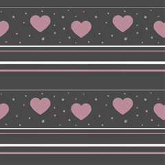 Seamless Pattern Featuring Hearts and Lines in Pink Against a Dark Background in a Simple Design