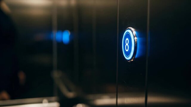 Close-up of a hand pressing the illuminated button for the eighth floor inside a modern elevator.