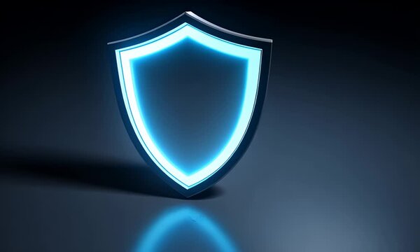 Futuristic glowing blue shield emblem representing digital security protection and cyber defense against online threats in a modern technological context