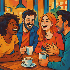 Diverse Group of Friends Laughing Together Over Coffee in Cafe Illustration