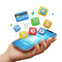3d icon of hand holding smartphone with floating 3d icons for mobile shopping, online payment, and digital services isolated on white