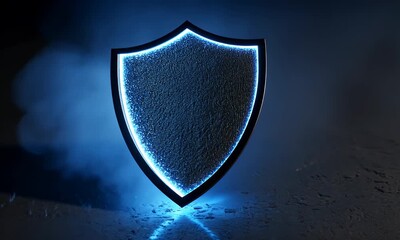 A sleek modern shield emblem with a textured metallic surface and a vibrant blue glowing outline symbolizing protection security and digital defense - Powered by Adobe