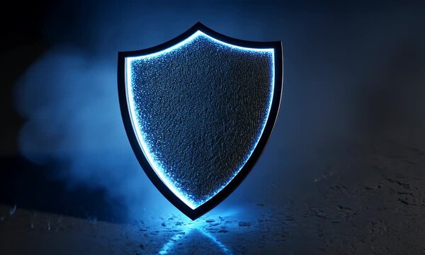 A sleek modern shield emblem with a textured metallic surface and a vibrant blue glowing outline symbolizing protection security and digital defense