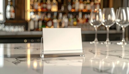 Empty Business Card Holder on Bar Counter with Wine Glasses and Bottles Behind