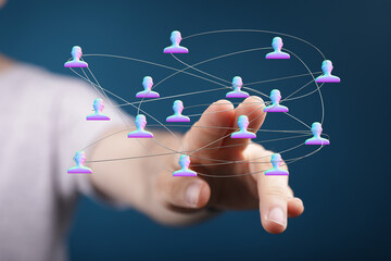 Concept of digital networking and global community with hand touching connected icons, representing connection and communication.