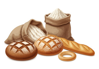 Assortment of freshly baked bread and flour sacks, white