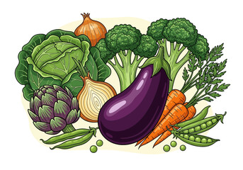 Assortment of fresh vegetables including cabbage, onion, artichoke, broccoli, eggplant, carrots, and peas