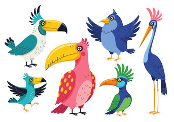 Fototapeta premium Collection of colorful cartoon tropical birds including toucans and parrots, white