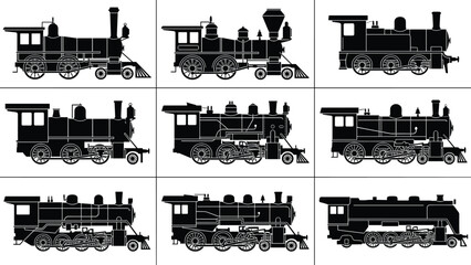 Steam locomotive icon grid, vintage train silhouettes, railway transport symbols, historical engine designs, vector illustration, black silhouette collection © MdMahmudul