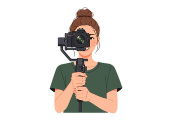 Young woman videographer holding a camera on a gimbal stabilizer, smiling, white