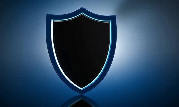 A sleek modern shield emblem with a textured metallic surface and a vibrant blue glowing outline symbolizing protection security and digital defense