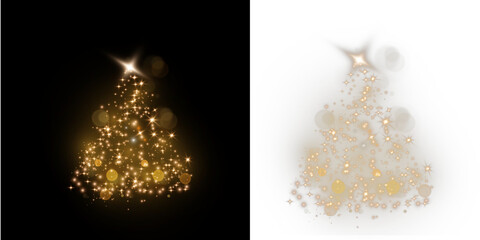 A glowing Christmas tree made of warm lights on a black background for holiday decorations, winter banners, and New Year's compositions.PNG