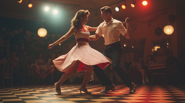 Retro Couple Swing Dancing on Checkered Floor