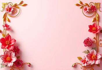 Elegant Golden Floral Frame with Blooming Pink Roses: Ornate Vines, Leaves, and Buds Forming Delicate Border on Soft Blush Pink Background for Wedding Invitations, Greeting Cards, and Romantic Designs