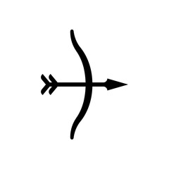 Bow and arrow crossed and drawn. Simple black silhouette vector icon of a drawn bow with an arrow aimed and ready to launch. Minimalist isolated illustration on white background.