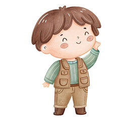 Watercolor camping boy character illustration in outdoor adventure clothing with forest explorer theme