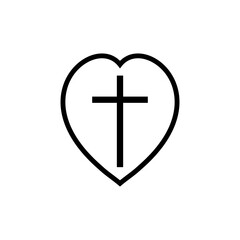 Church heart icon with religious cross. Outline vector illustration.
