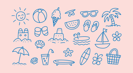 Naklejka premium Playful hand-drawn summer beach doodle set with cute line art icons including sun, surfboard, ice cream, sailboat, shells, and palm tree