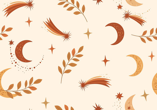 Boho celestial seamless pattern with crescent moons, falling stars, and botanical elements in warm earthy tones