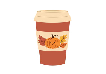 Cute smiling pumpkin spice latte coffee cup with autumn leaves, fall beverage to go