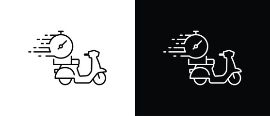 Fast Delivery timer icon. Scooter delivery vehicle icons representing various delivery activities. Fast delivery icon with transparent and black background. Editable strokes.