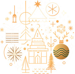 Fototapeta premium Set of golden and white christmas elements with stars and trees on transparent background