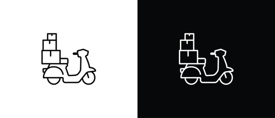 Delivery scooter with box icon. Scooter delivery vehicle icons representing various delivery activities. Fast delivery icon with transparent and black background. Editable strokes.