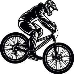 Naklejka premium Dynamic black and white vector illustration depicting an energetic athletic cyclist in full protective gear riding a robust sport bicycle showcasing an extreme biking 