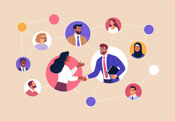 Business Networking. Vector illustration of diverse professionals connected in a network, shaking hands and building partnerships. Concept of communication, collaboration and business relationships.