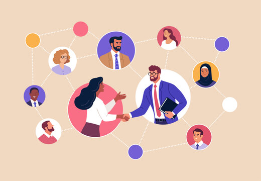 Business Networking. Vector illustration of diverse professionals connected in a network, shaking hands and building partnerships. Concept of communication, collaboration and business relationships.
