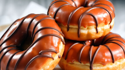 Freshly glazed chocolate doughnuts arranged on plate showing shiny icing texture and delicious sweet bakery dessert concept