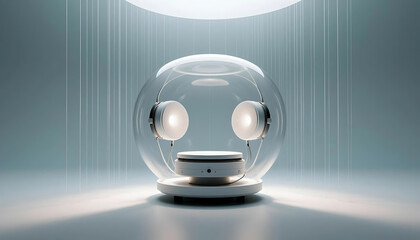 Futurist Acoustic Sanctuary Pod with Levitating Audiophile Headphones in Glass Sphere. 3D Render, Minimalist Product Design. 