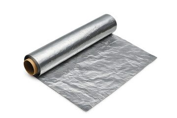 Aluminum foil roll with crinkled sheet laid out Isolate on Transparent Background for kitchen cooking, food packaging design, product advertising, and household material projects, PNG