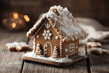 Gingerbread house with snowy icing on rustic wooden surface