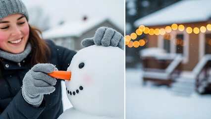 Frosty Pastime: Diptych of woman putting carrot nose on snowman and cozy cottage with bokeh lights. Winter Lifestyle, Diptych Collage.