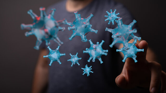 Abstract 3D illustration of a hand interacting with a floating coronavirus. Representing science, health, and - Powered by Adobe